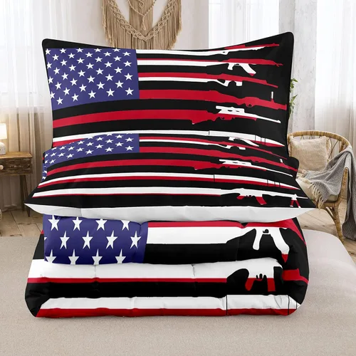 Miniatura 2 de Bodhi Juego de edredón para niños, tamaño King, con bandera nacional estadounidense, juego de ropa de cama para niños, juego de edredón rojo y negro