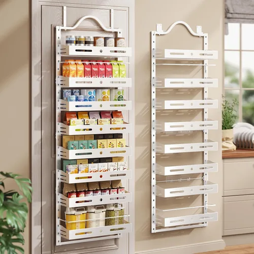 Miniatura 9 de Organizador de especias de 8 niveles para montar en la pared, organizador de despensa sobre la puerta resistente con cesta ajustable de madera
