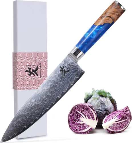 SAMCOOK Cuchillo de chef de damasco - Cuchillo Gyuto profesional de 8 pulgadas y afilado - Cuchillo de cocina japonés de acero inoxidable VG-10 de
