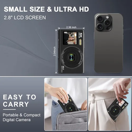 Miniatura 7 de Cámara digital 5K, cámara de vlogging de 80 MP para YouTube con zoom digital y flash de 18X, cámara de pantalla dual con tarjeta TF de 32 GB y 2
