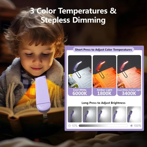 Miniatura 4 de VAVOFO - Luz de lectura recargable USB con clip, bloqueo de luz azul, luz de lectura con marcador de ámbar para gusanos de libros con cuidado