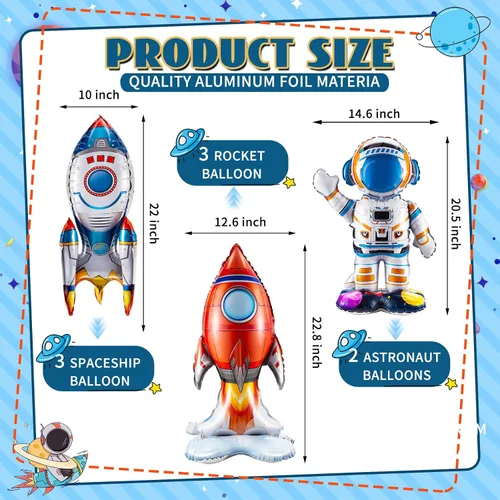 Miniatura 2 de RoundFunny 8 globos de cohete para el espacio exterior, globos de aluminio para astronautas espaciales, naves espaciales, cohetes, temática