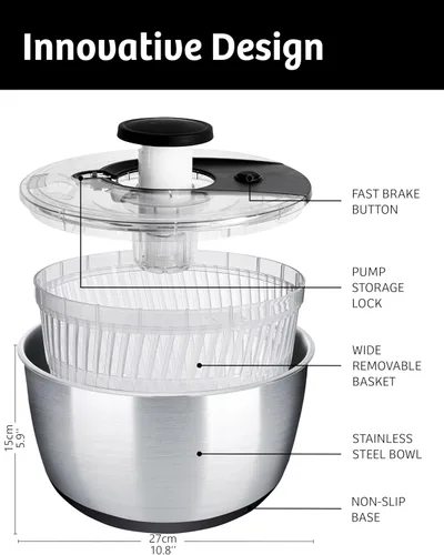 Miniatura 3 de Molinillo de ensalada de acero inoxidable grande, herramienta de cocina fácil y compacta, cuenco de acero inoxidable, drenaje y colador, hilador