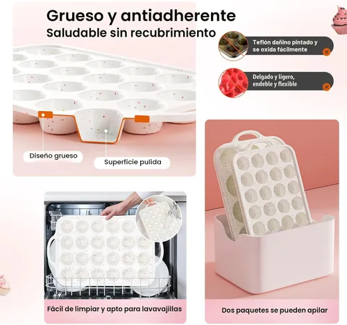 Miniatura 6 de Moldes de silicona para magdalenas con marco reforzado de metal - 24 tazas, moldes de silicona duraderos para magdalenas, cupcakes, libres de BPA