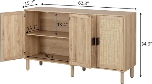 Miniatura 3 de Finnhomy Aparador Buffet de 4 Puertas, Gabinete de Almacenamiento de Cocina con Puertas Decoradas de Ratán, Mesa Consola de Alacena, Gabinete