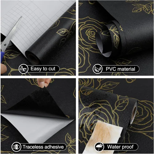 Miniatura 4 de Amiya Papel tapiz floral negro y dorado, línea de papel tapiz para despegar y pegar, estilo bohemio, retro, renovación de dormitorios, armarios