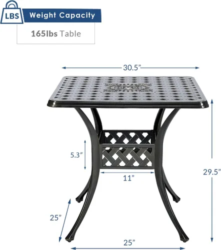 Miniatura 2 de Mesa de comedor al aire libre de 30.5 pulgadas, cuadrada, para patio, mesa de bistró, de aluminio fundido de bronce, mesa grande rústica con agujero