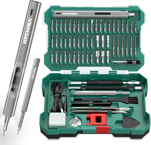 HYCHIKA Juego de Destornilladores de Precisión, Mini Destornillador Eléctrico 67-en-1 con 52 Puntas Magnéticas, 3 Ajustes de Torque, Luz LED y Kit