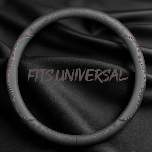 Miniatura 53 de Funda de cuero para volante de automóvil, transpirable, perforada con láser, líneas dobles negras puras, textura premium, 14.5-15 pulgadas