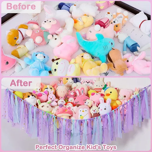Miniatura 4 de Hamaca de almacenamiento de red de animales de peluche con luces LED, borlas coloridas, hamaca colgante de juguetes de peluche, organizador