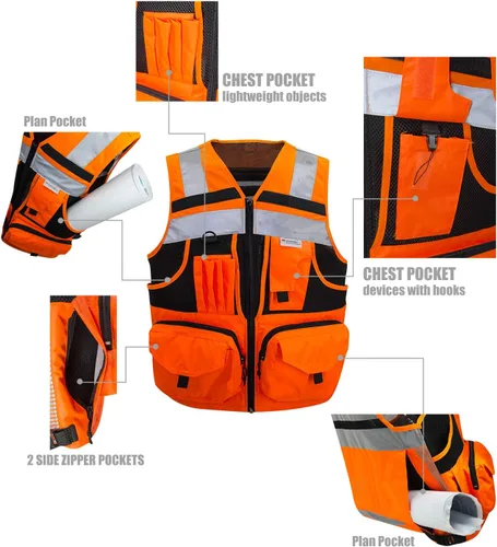 Miniatura 4 de SUXIBIP - Chaleco de seguridad de 10 bolsillos para hombres y mujeres, chaleco de alta visibilidad con tiras reflectantes 3M, tela Oxford Naranja