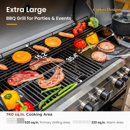 Miniatura 3 de Captiva Designs - Barbacoa de gas propano de 6 quemadores con quemador lateral y rejilla y placa de hierro fundido esmaltada en porcelana