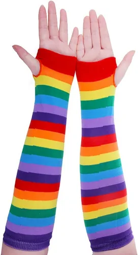 Miniatura 6 de Conjunto de calcetines de arco iris para mujer, a rayas, hasta la rodilla, calentador de brazos, guantes sin dedos