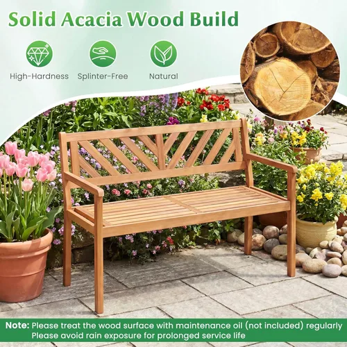 Miniatura 8 de Tangkula Banco de dos plazas de madera de acacia para exteriores, banco de jardín para 2 personas con reposabrazos y respaldo, muebles de madera