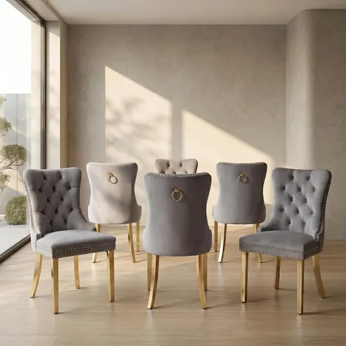 Miniatura 21 de Juego de 2 sillas de comedor de terciopelo, sillas de comedor copetudas de mediados de siglo con anillo trasero de cabeza de clavo, patas de metal
