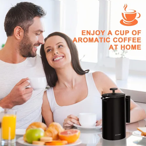 Miniatura 8 de Secura Cafetera de prensa francesa con filtro de acero inoxidable de 3 capas, 34 onzas, negro, diseño aislado de doble pared con 2 filtros