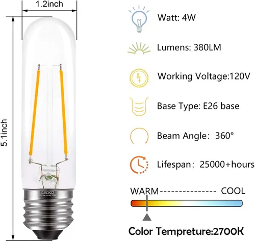 Miniatura 2 de Bombillas LED T10 Edison - Blanco cálido, 2700 K, regulables, estilo vintage, equivalente a 4 W incandescentes de 40 W, base E26, paquete de 3