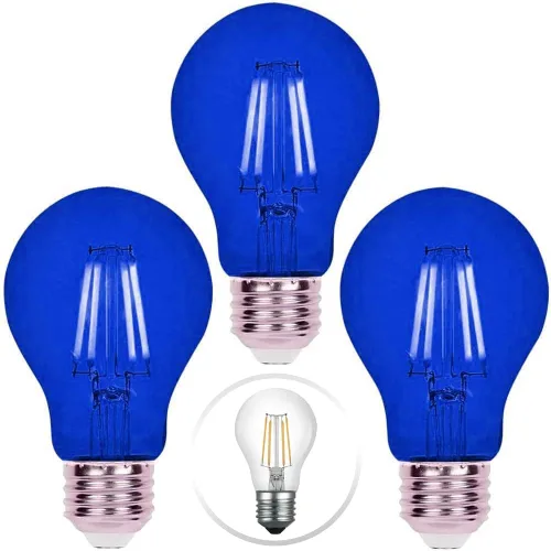 Paquete de 3 bombillas LED de filamento A19 color azul – Base E26 8 W equivalente a 75 W, iluminación decorativa LED vintage azul para decoración de