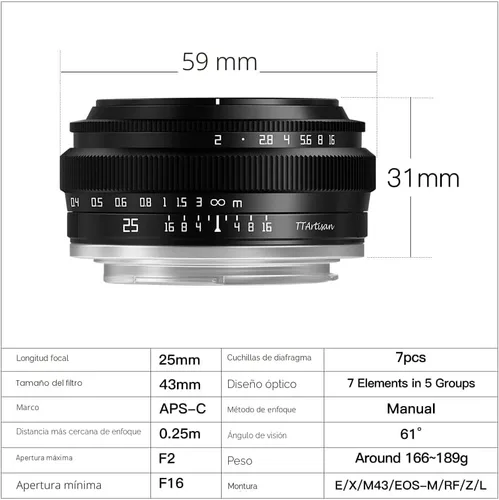 Miniatura 4 de TTArtisan - Lente de cámara APS-C gran angular de 0.98 pulgadas F2, lente de cámara fija manual de gran apertura, compatible con cámaras Fuji