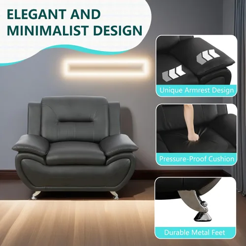 Miniatura 3 de Juego de muebles de sala de estar de 3 piezas, sofás seccionales, juego de sofá de cuero negro, juego de sofá moderno para sala de estar, negro#2