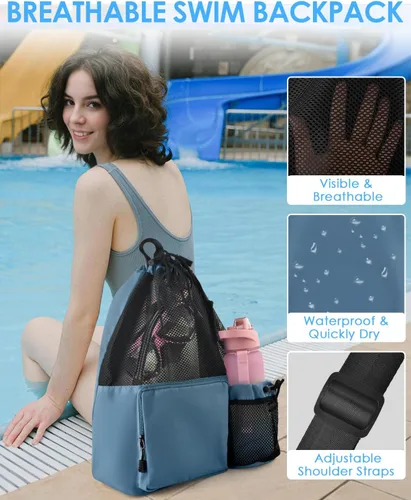 Miniatura 5 de BROTOU Mochila de playa para natación con bolsillo húmedo de malla y cordón, bolsas para nadar, gimnasio Azul marino