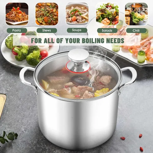 Miniatura 3 de Herogo Olla de acero inoxidable 18/10 de 12 cuartos de galón con tapa, olla grande y resistente compatible con cocinas eléctricas, de gas