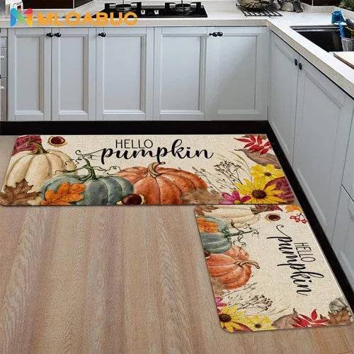 Miniatura 4 de Juego de 2 Tapetes de Cocina Hello Fall, Alfombra de Cocina de Calabaza de Acción de Gracias, Alfombra de Piso Decorativa Creativa de Vacaciones