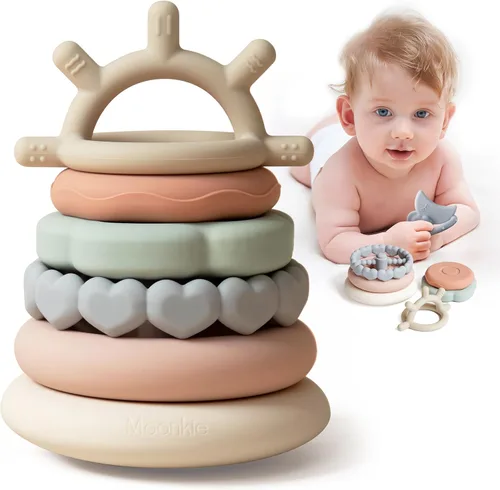 Moonkie Stacks of Circles - Juguete de dentición suave | Juguete educativo para bebés | Juguetes de anillo apilable para bebés niños y niñas | Juego
