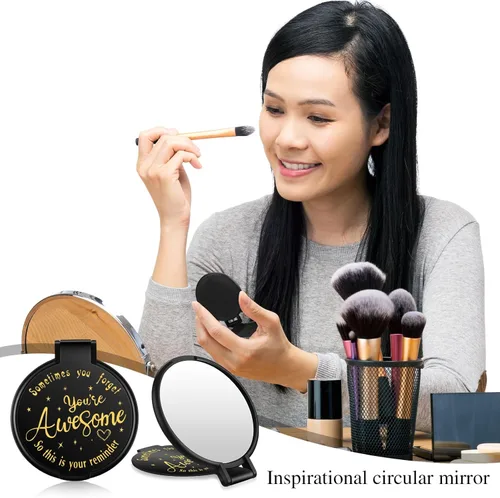 Miniatura 4 de Huwena 100 piezas de espejo compacto inspirador a granel, mini regalos para mujer, espejo redondo de bolsillo, regalos de agradecimiento para Negro