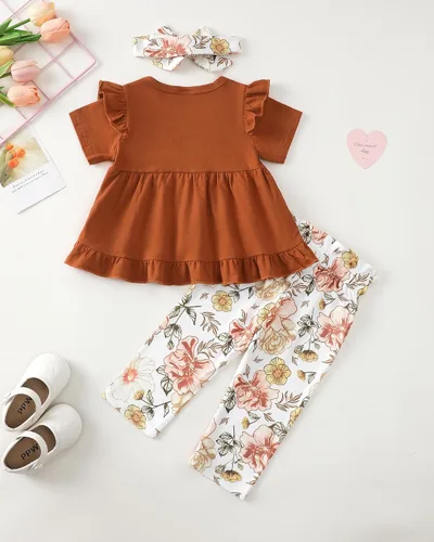 Miniatura 104 de Kucnuzki Conjunto de ropa para bebé niña pequeña, camisa de manga con volantes, pantalón floral, ropa de otoño e invierno para niña