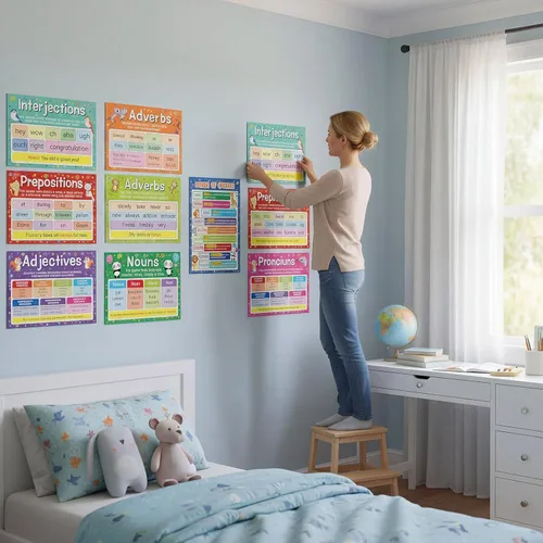 Miniatura 5 de Yisong Póster educativo preescolar, 10 unidades, palabras visuales, pósteres de habla y gramática con 100 puntos de pegamento para jardín