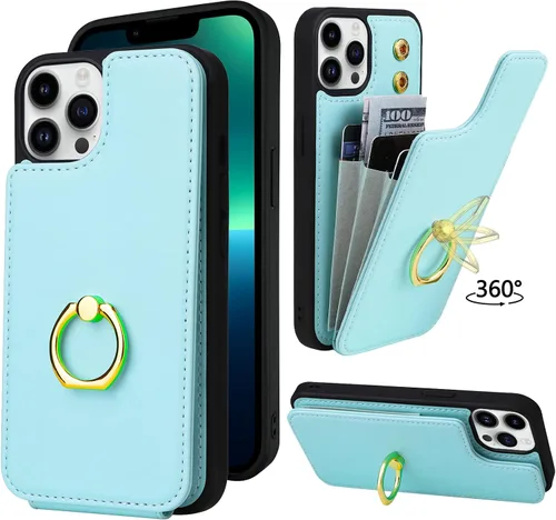 Miniatura 12 de Funda compatible con iPhone 13 Pro Max con tarjetero y rotación de 360°, soporte de anillo de dedo con función atril, bloqueo RFID, piel sintética