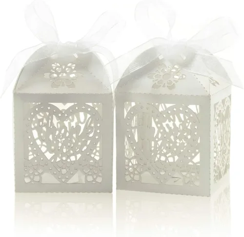 Miniatura 12 de COTOPHER Cajas cortadas con láser, 60 cajas de regalo de agradecimiento, cajas de regalo de boda, cajas de dulces de encaje para bodas, despedidas