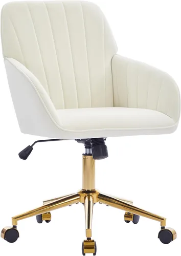 YITAI Silla de escritorio de terciopelo con ruedas y base dorada, silla de tocador tapizada moderna ajustable en altura con giro de 360 grados y