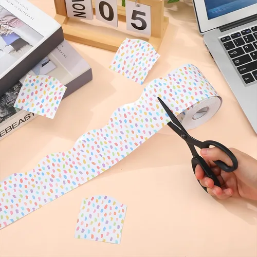 Miniatura 4 de Zonon Bordes de tablón de anuncios de 65 pies, lunares en blanco y negro, bordes de cuadrícula rayada, bordes decorativos rectos festoneados