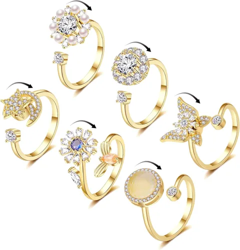 Honsny 6 piezas anillos de ansiedad chapados en oro de 14K para mujeres, anillo giratorio ajustable para la ansiedad, anillos fidget CZ de mariposa,