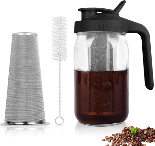 Miniatura 8 de Máquina de café de infusión fría, jarra de albañil de 64 onzas con filtro de acero inoxidable, tapa con pico para servir, de vidrio resistente