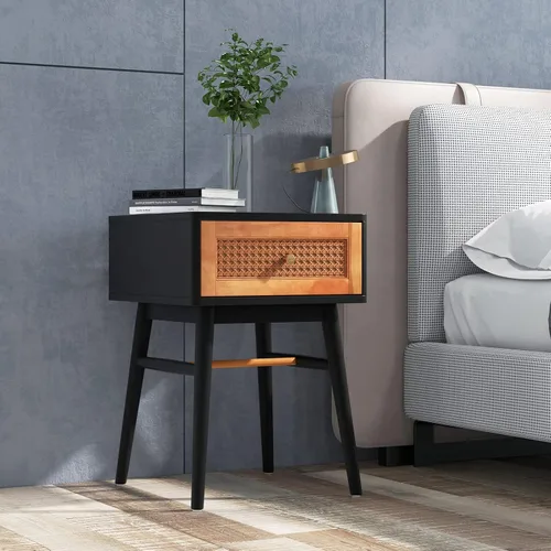 Miniatura 8 de Giantex Mesita de noche de ratán, mesa auxiliar bohemia con cajón de almacenamiento decorado de ratán y patas de madera maciza, mesita de noche