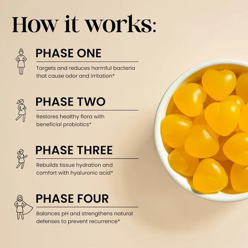 Miniatura 3 de Flora+ Gomitas probióticas vaginales para mujeres para el equilibrio del pH, apoyo contra el olor y la frescura con prebióticos y ácido hialurónico
