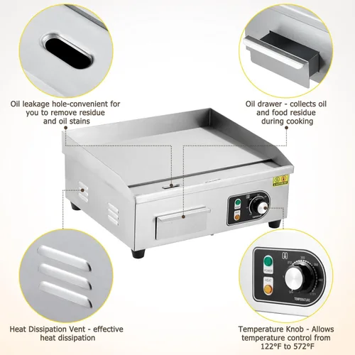 Miniatura 3 de Parrilla eléctrica comercial de 14 pulgadas Parrilla eléctrica de encimera de 1500 W, placa de parrilla eléctrica antiadherente Teppanyaki de 110 V
