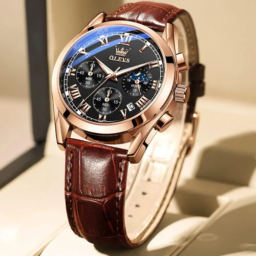 Miniatura 4 de OLEVS - Reloj de pulsera de cuero para hombre, analógico de cuarzo, cronógrafo de lujo con fecha, impermeable, luminoso - Estilo de vestir