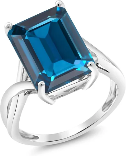 Gem Stone King 10K White Gold London Blue Topaz Engagement Ring For Women (8.50 Cttw, Emerald Cut 14X10MM, Gemstone Birthstone Jewelry, Available In