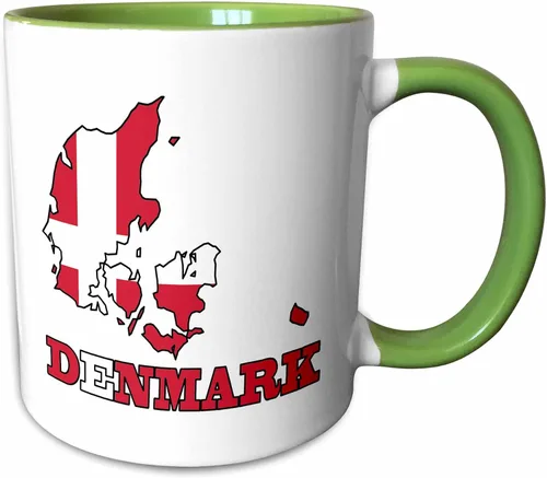 Miniatura 8 de 3dRose La bandera de Dinamarca en el mapa del contorno del país y el nombre, Dinamarca. Taza negra de dos tonos de 11 oz