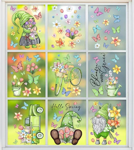 Miniatura 2 de Whaline 106 calcomanías de PVC reutilizables para ventana de primavera, acuarela, gnomo, mariposa, flores, calcomanías de PVC reutilizables