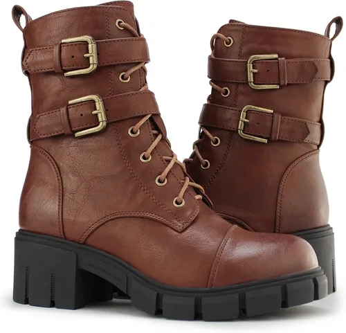 Miniatura 3 de Tobfis Botas de combate para mujer con hebilla lateral y tacón grueso, Negro, 0