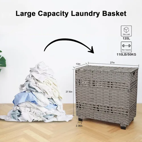 Miniatura 3 de OIAHOMY Cesta de ropa sucia con tapa, cesta de ropa de 140L con 3 bolsas extraíbles con forro, cesta plegable con tapa, cesta de mimbre sintético