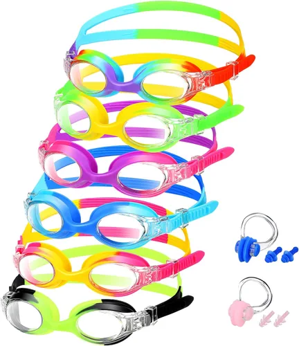 Miniatura 13 de Macarrie 6 gafas de natación para niños, sin fugas, antiniebla, para niños y niñas, con clip para la nariz, tapones para los oídos, de 3 a 14 años