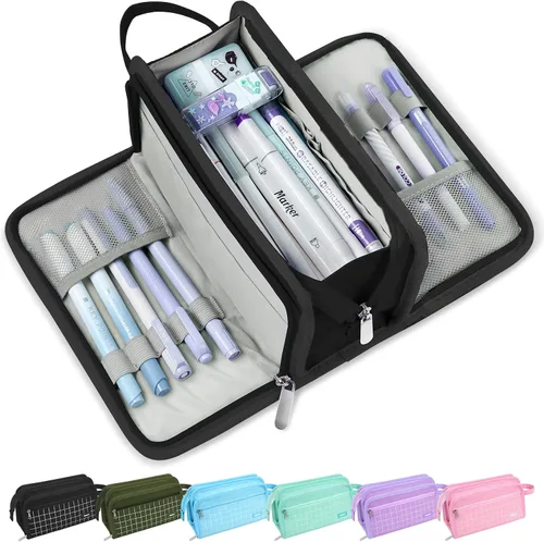 Miniatura 13 de Sooez Estuche grande para lápices, bolsa para lápices de gran capacidad con 3 compartimentos, organizador portátil de artículos de papelería de lona