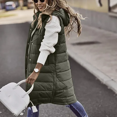 Miniatura 7 de OSFVNOXV Chaqueta larga acolchada para mujer, abrigo de invierno con cremallera completa, sin mangas, con capucha, cálidos, cortavientos gruesos