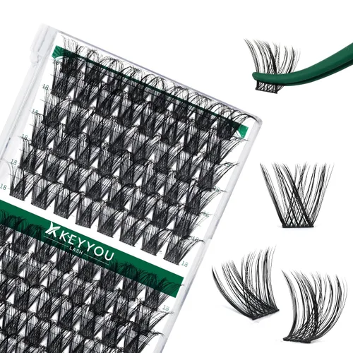 Miniatura 93 de KEYYOU Racimos de pestañas, 96 piezas de extensiones de pestañas DIY, rizado D de 16 mm, negro, realista, no irritante, fácil de colocar en casa